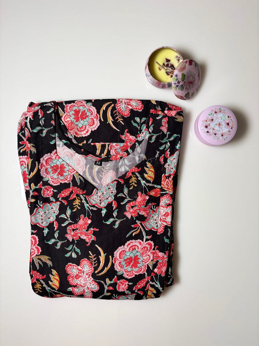 Black Floral Printed Feeding Blended Cotton Frock
