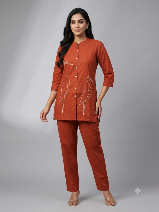 Rust Orange Minimal Crane Line Art Cotton Co-ords