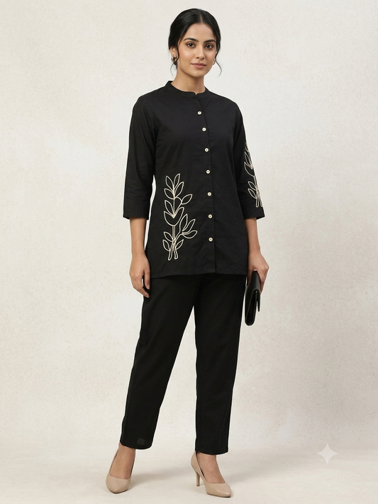Classic Black Minimal Botanical Line Art Cotton Co-ords