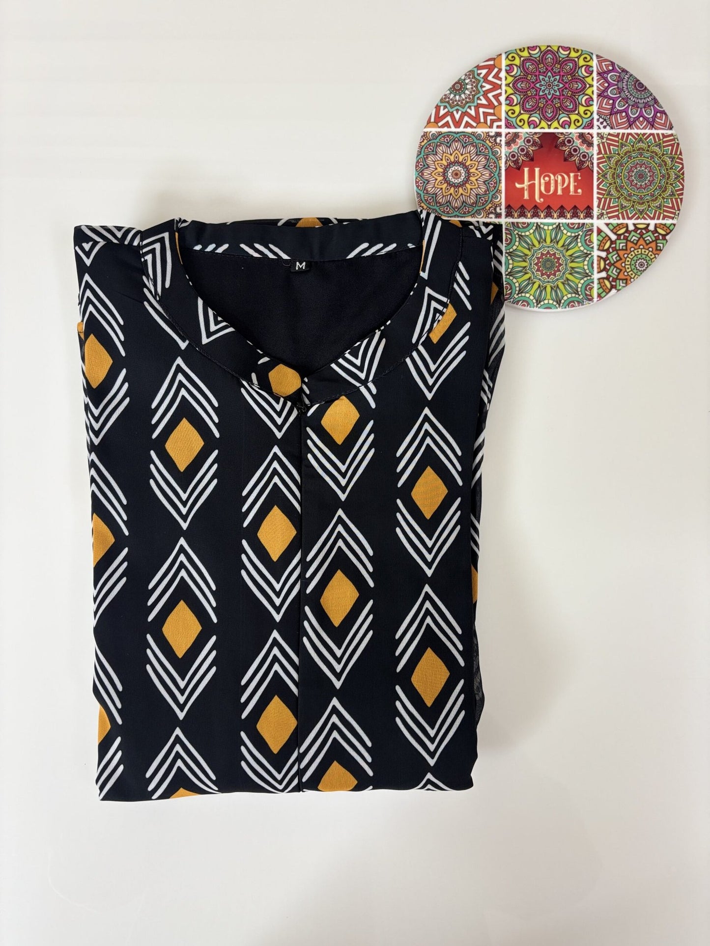 Black White Yellow Pattern Printed Georgette Center Zip Maxi