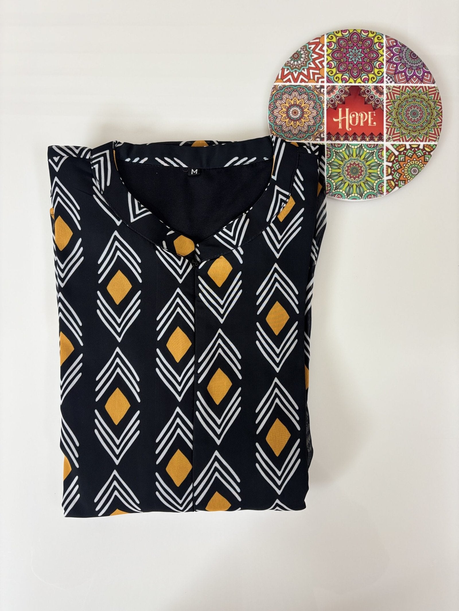 Black White Yellow Pattern Printed Georgette Center Zip Maxi