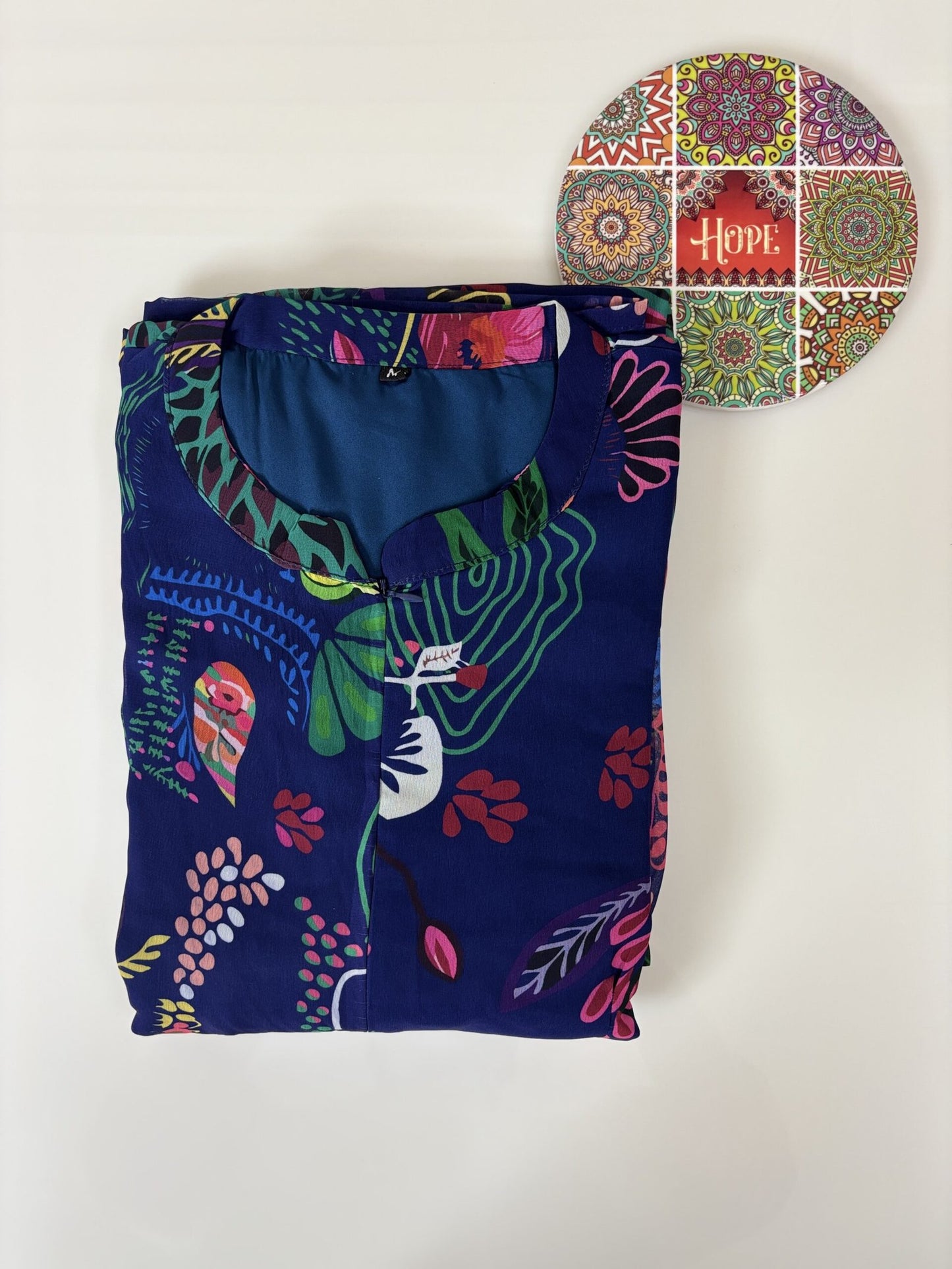 Blue Red Floral Pattern Printed Georgette Center Zip Maxi