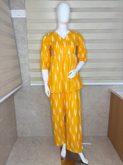 Mustard Yellow Ikat Print Peplum Co-ord Set