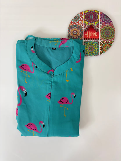 Turquoise Blue Flamingo Printed Georgette Center Zip Maxi