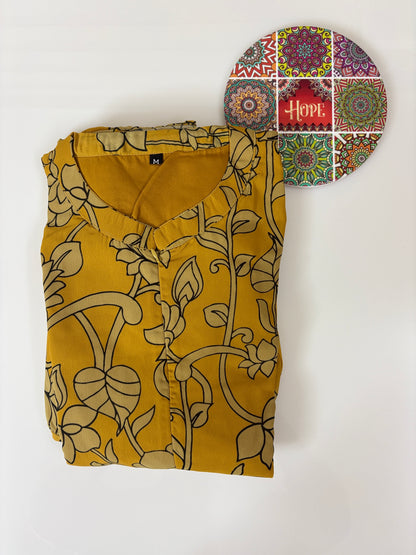 Mustard Floral Vine Printed Georgette Center Zip Maxi