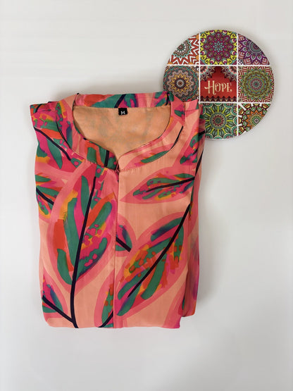 Orange Green Leaf Printed Georgette Center Zip Maxi