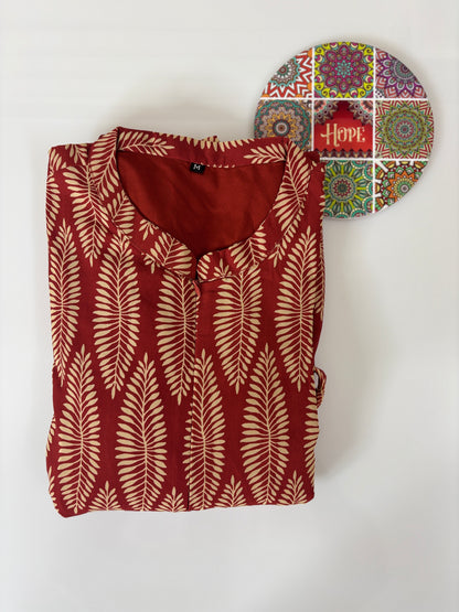 Maroon Leaf Printed Georgette Center Zip Maxi