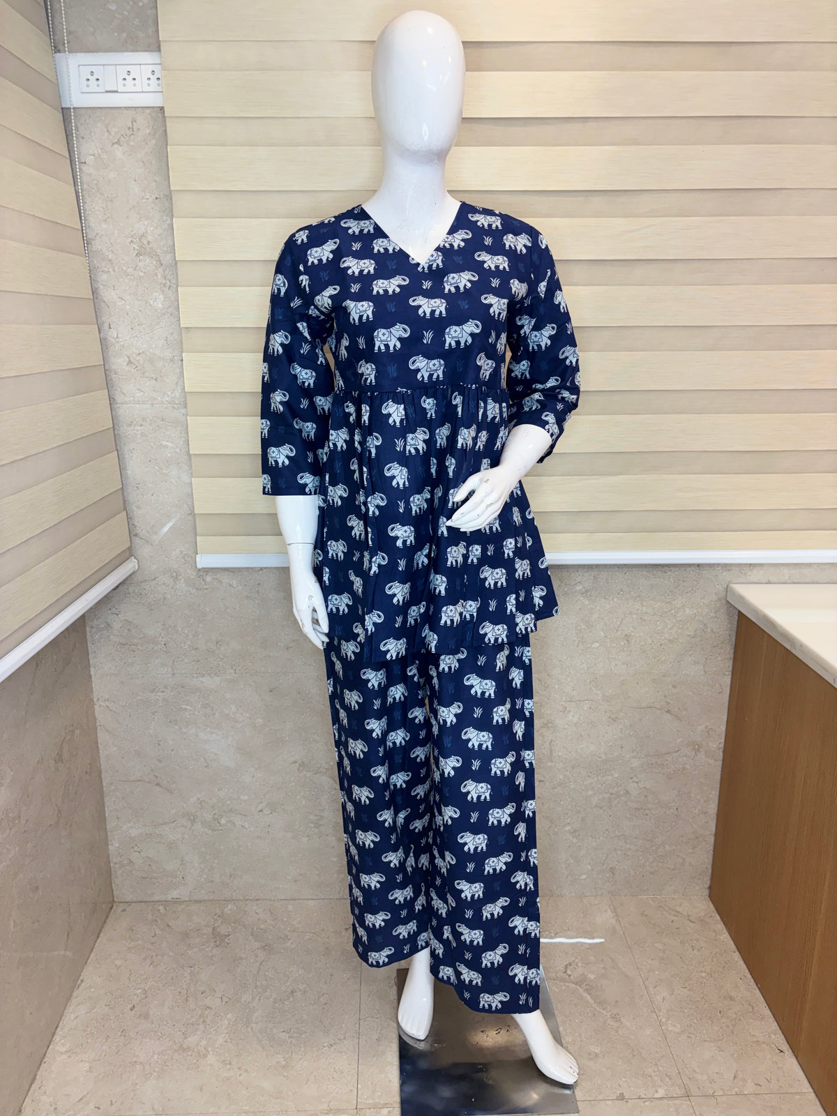 Indigo Blue Elephant Print Peplum Co-ord Set