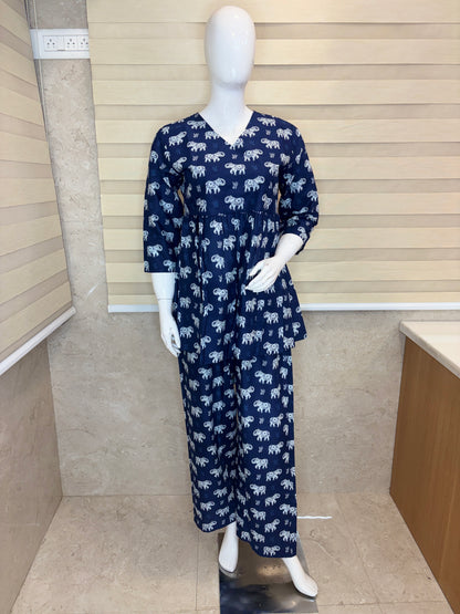 Indigo Blue Elephant Print Peplum Co-ord Set