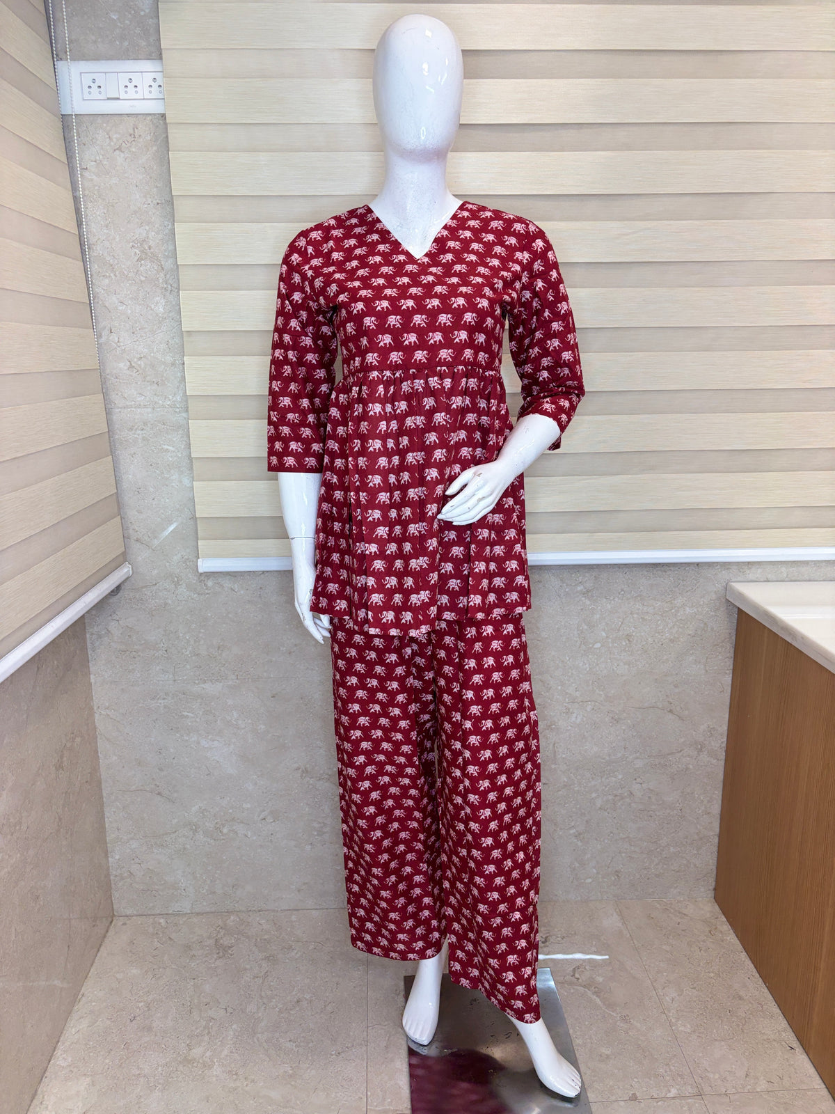 Brick Red Buti Print Peplum Co-ord Set