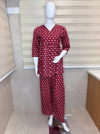 Brick Red Buti Print Peplum Co-ord Set