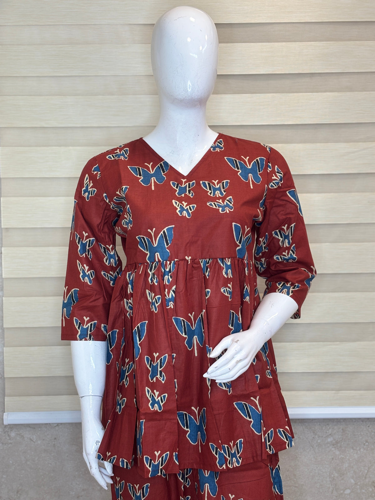 Rust Brown Butterfly Print Peplum Co-ord Set