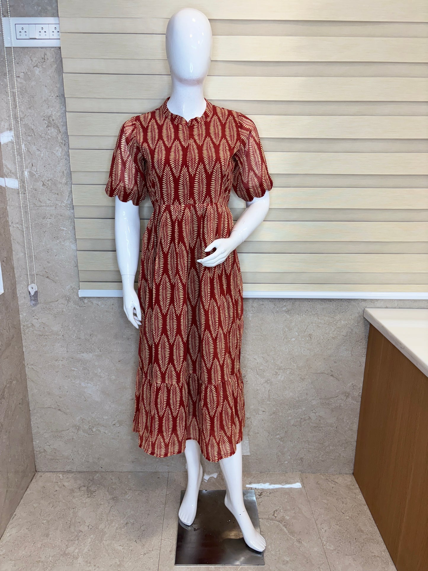 Maroon Leaf Printed Georgette Center Zip Maxi