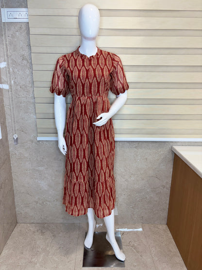 Maroon Leaf Printed Georgette Center Zip Maxi