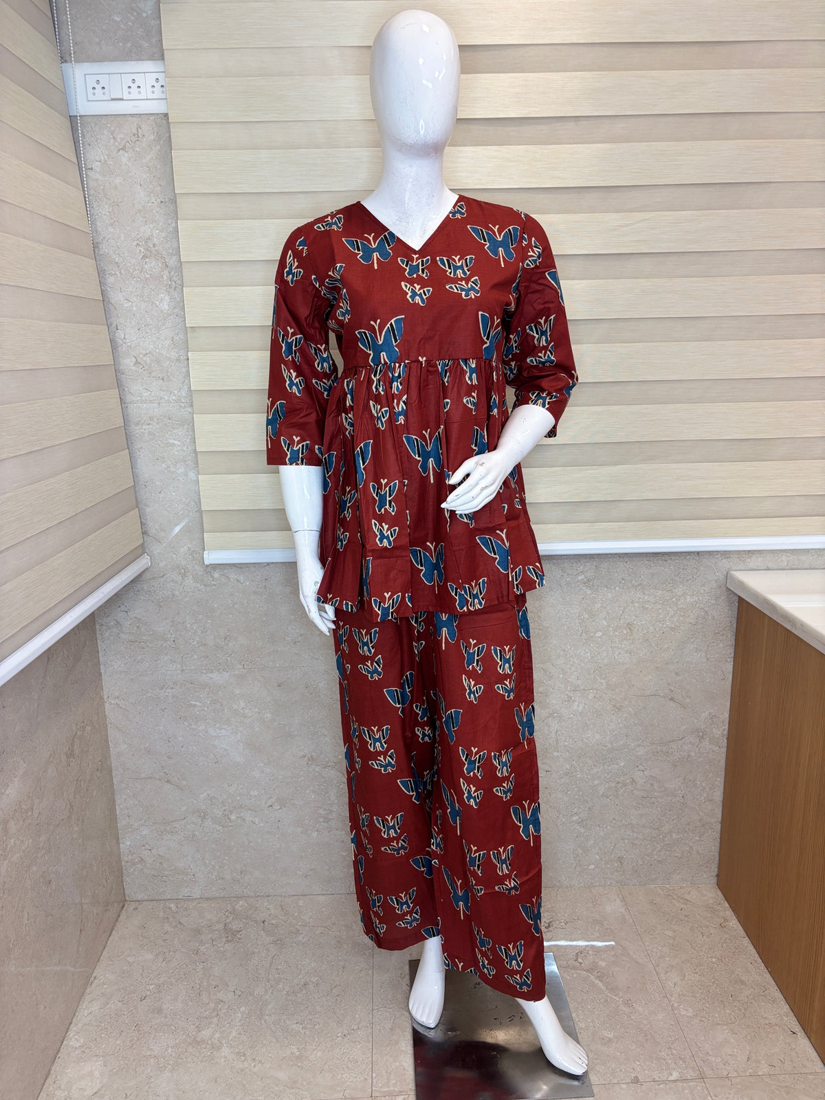 Rust Brown Butterfly Print Peplum Co-ord Set