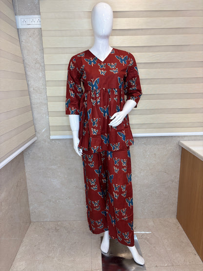 Rust Brown Butterfly Print Peplum Co-ord Set