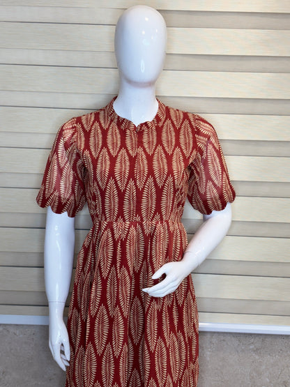 Maroon Leaf Printed Georgette Center Zip Maxi