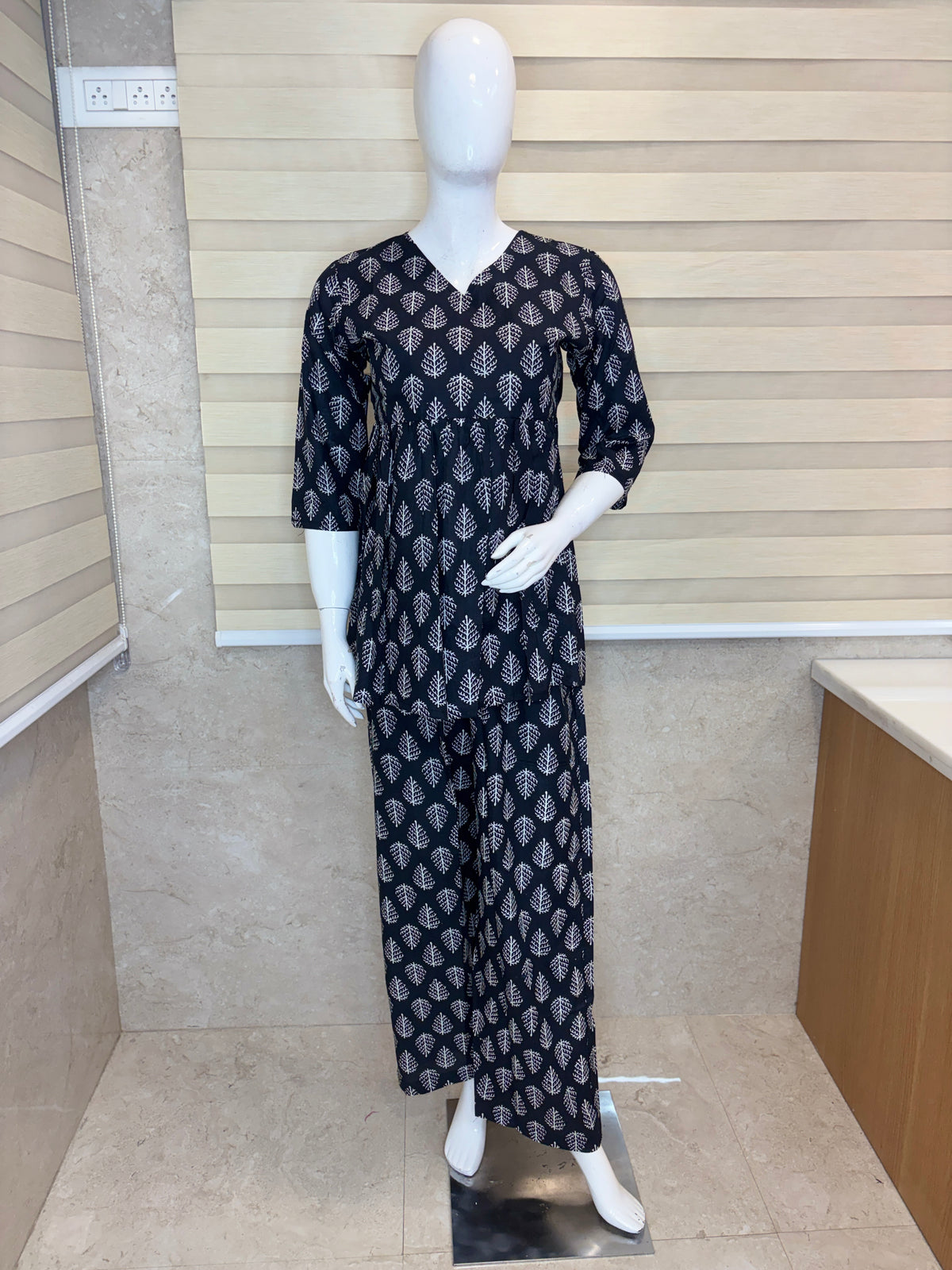 Charcoal Black Leaf Buta Print Peplum Co-ord Set