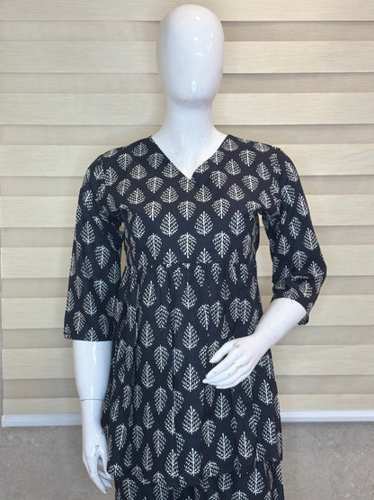 Charcoal Black Leaf Buta Print Peplum Co-ord Set