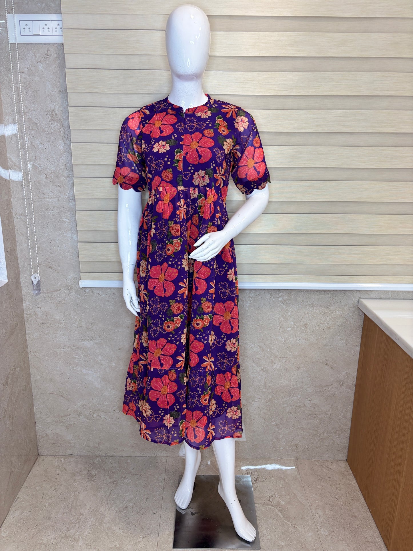 Purple Floral Printed Georgette Center Zip Maxi
