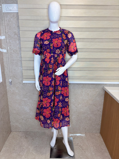 Purple Floral Printed Georgette Center Zip Maxi