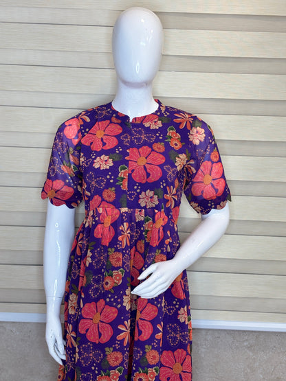 Purple Floral Printed Georgette Center Zip Maxi