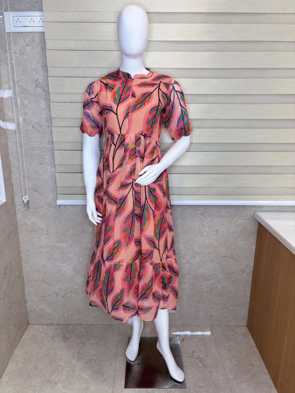 Orange Green Leaf Printed Georgette Center Zip Maxi