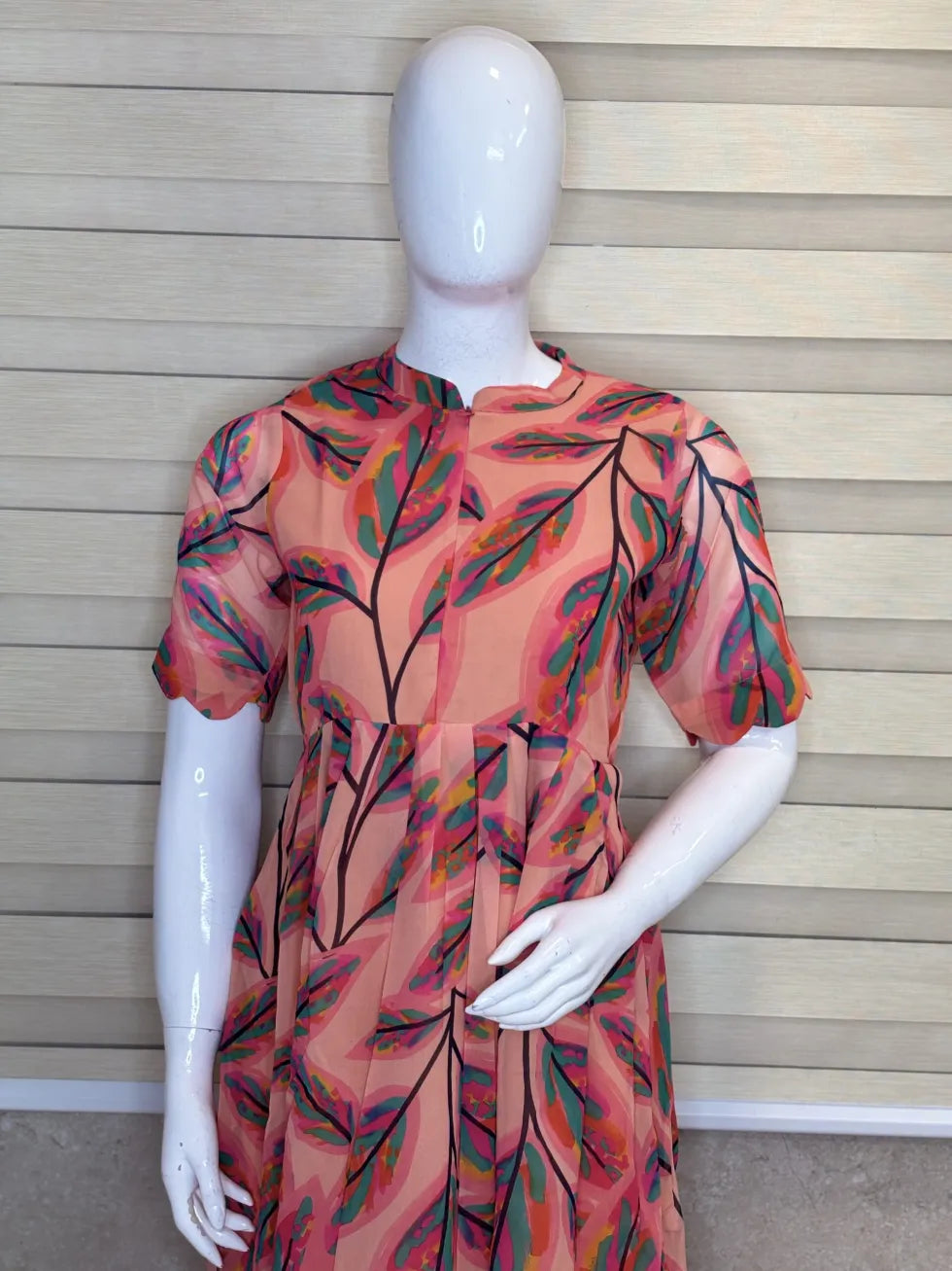 Orange Green Leaf Printed Georgette Center Zip Maxi