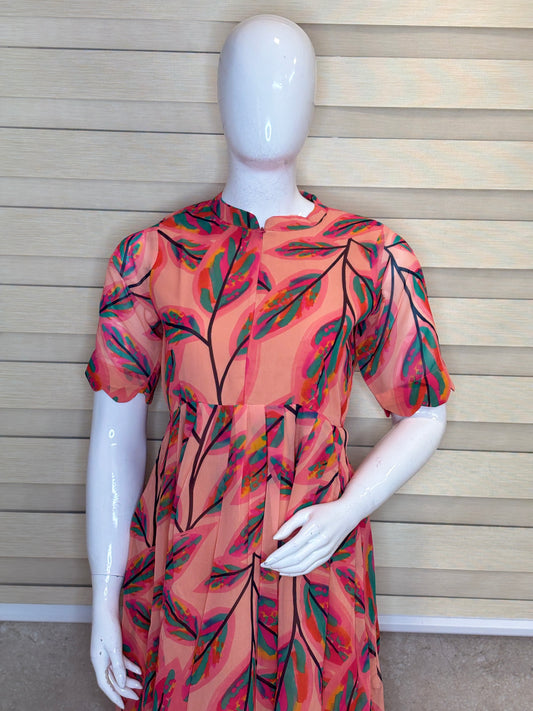 Peach Tropical Leaf Printed Georgette Center Zip Maxi