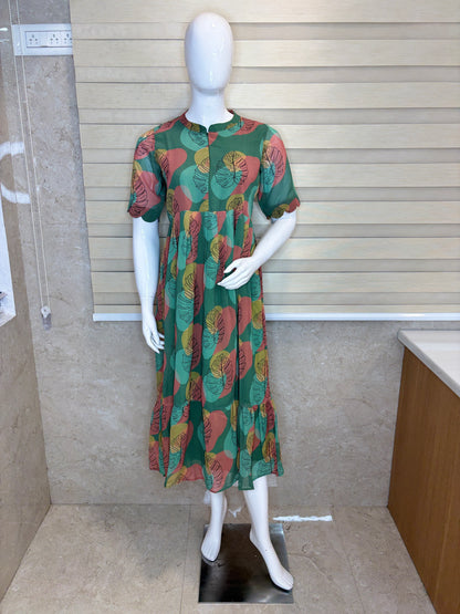 Sage Green Tropical Leaf Printed Georgette Center Zip Maxi