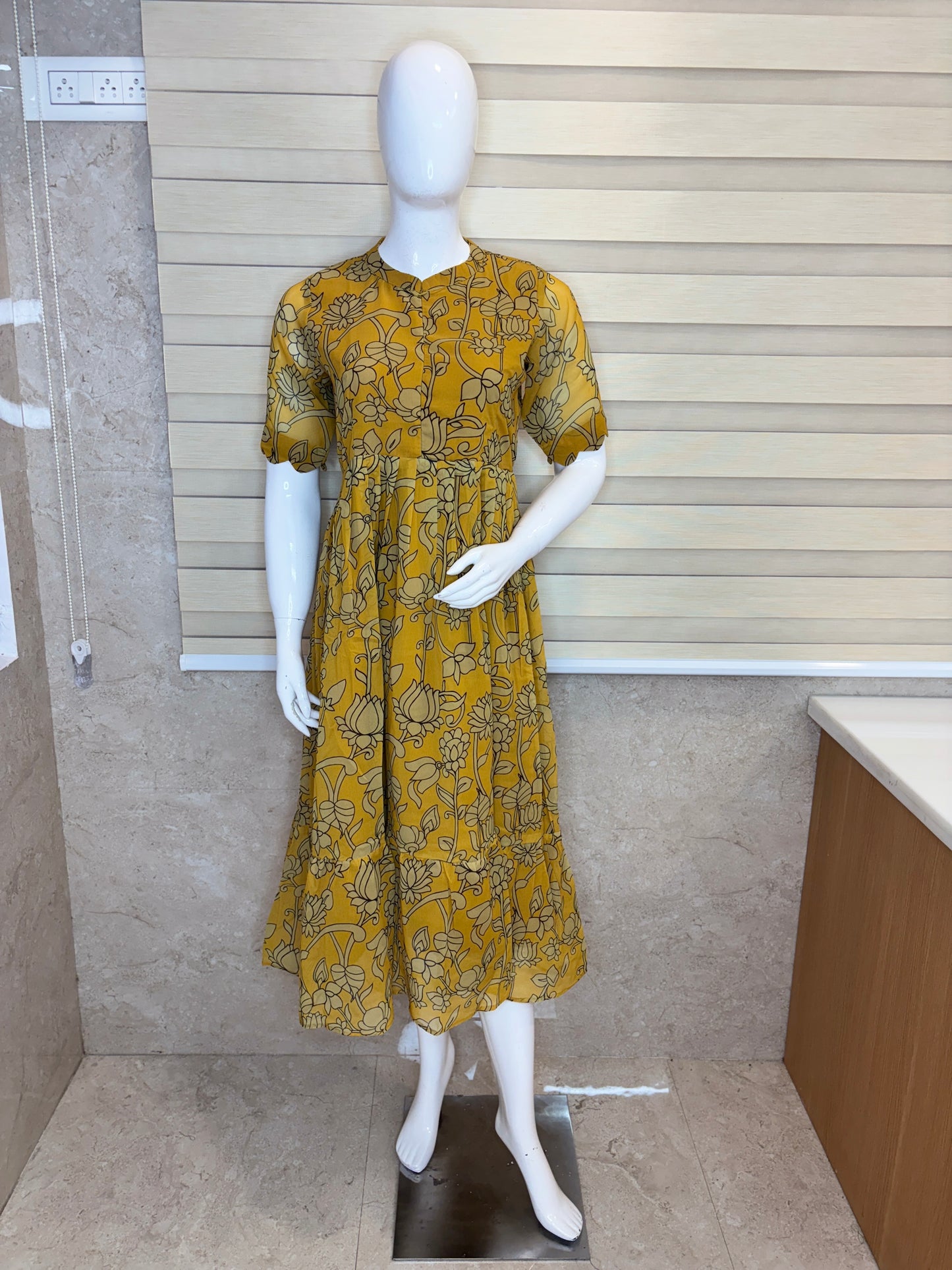 Mustard Floral Vine Printed Georgette Center Zip Maxi