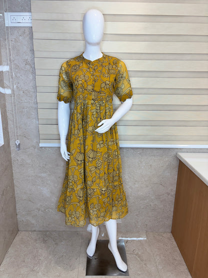 Mustard Floral Vine Printed Georgette Center Zip Maxi