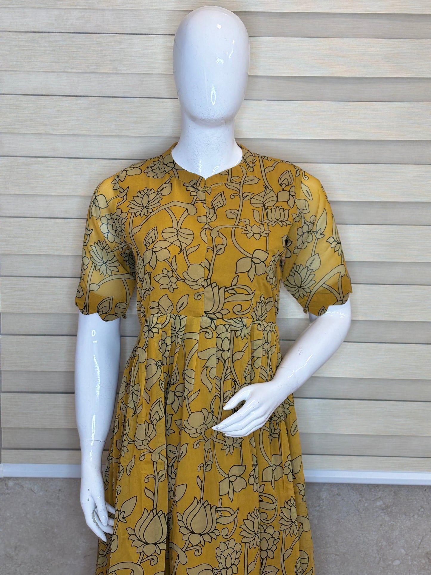 Mustard Floral Vine Printed Georgette Center Zip Maxi