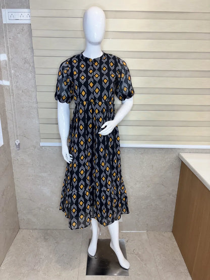 Black White Yellow Pattern Printed Georgette Center Zip Maxi