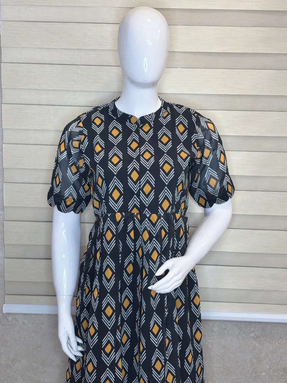 Black White Yellow Pattern Printed Georgette Center Zip Maxi