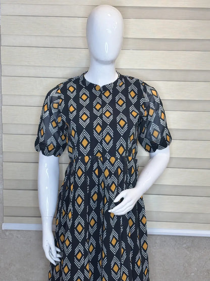 Black White Yellow Pattern Printed Georgette Center Zip Maxi
