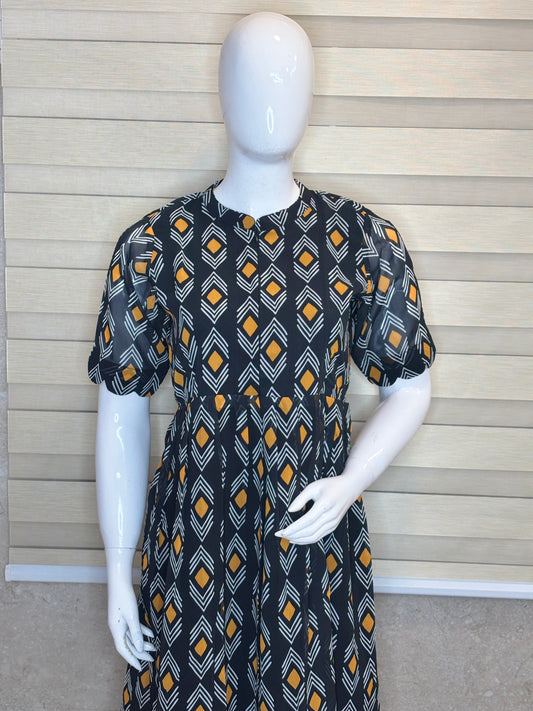 Black Mustard Geometric Printed Georgette Center Zip Maxi