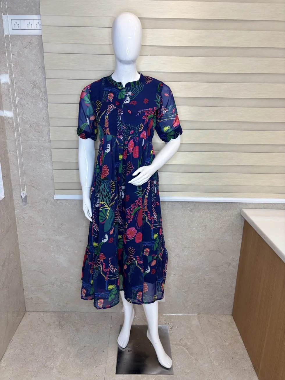 Blue Red Floral Pattern Printed Georgette Center Zip Maxi