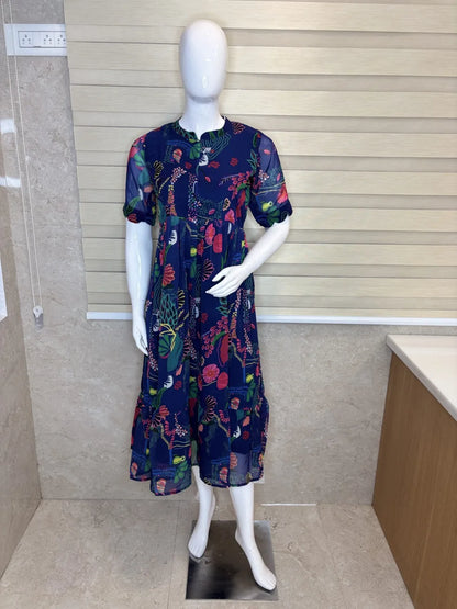 Blue Red Floral Pattern Printed Georgette Center Zip Maxi