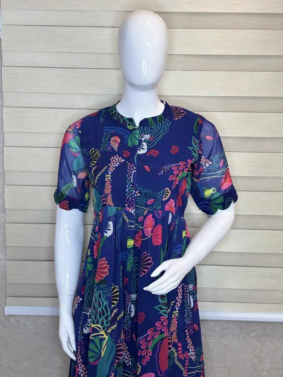 Blue Red Floral Pattern Printed Georgette Center Zip Maxi