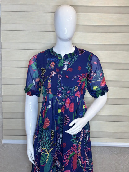Blue Red Floral Pattern Printed Georgette Center Zip Maxi