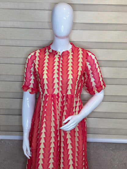 Peach Pink Geometric Printed Georgette Center Zip Maxi