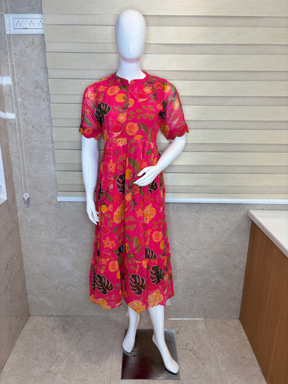 Pink Fruit Floral Printed Georgette Center Zip Maxi