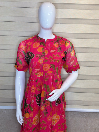 Pink Fruit Floral Printed Georgette Center Zip Maxi