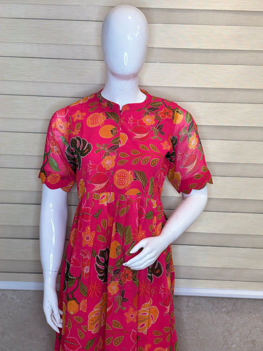 Pink Fruit Floral Printed Georgette Center Zip Maxi