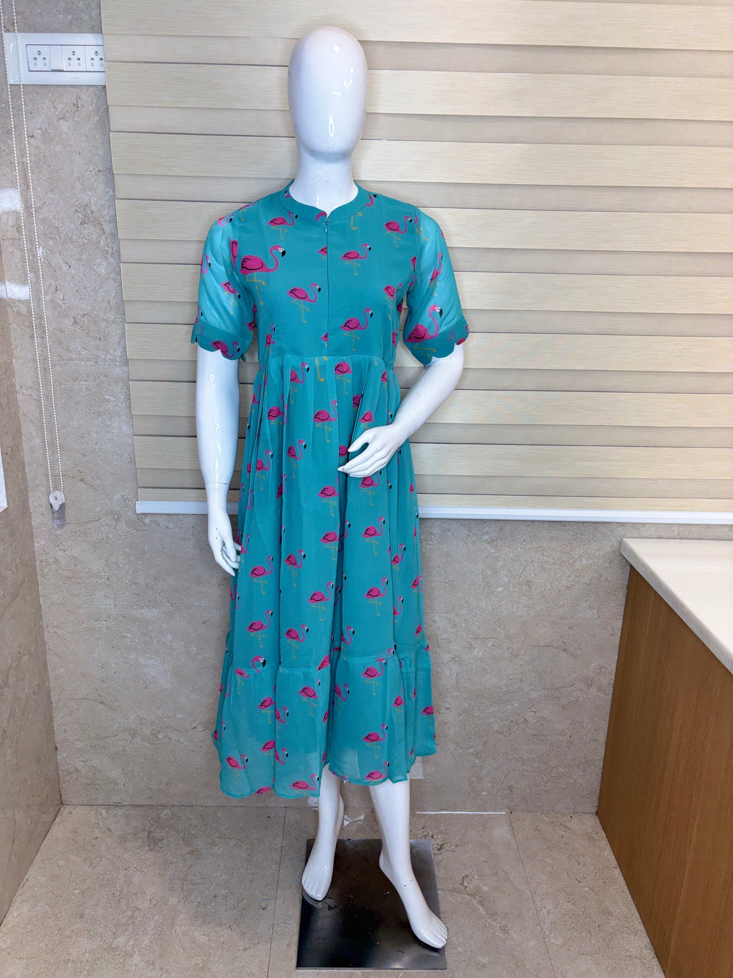 Turquoise Blue Flamingo Printed Georgette Center Zip Maxi
