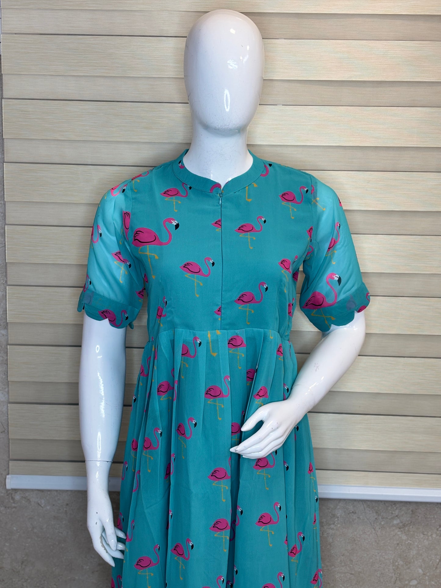 Turquoise Blue Flamingo Printed Georgette Center Zip Maxi
