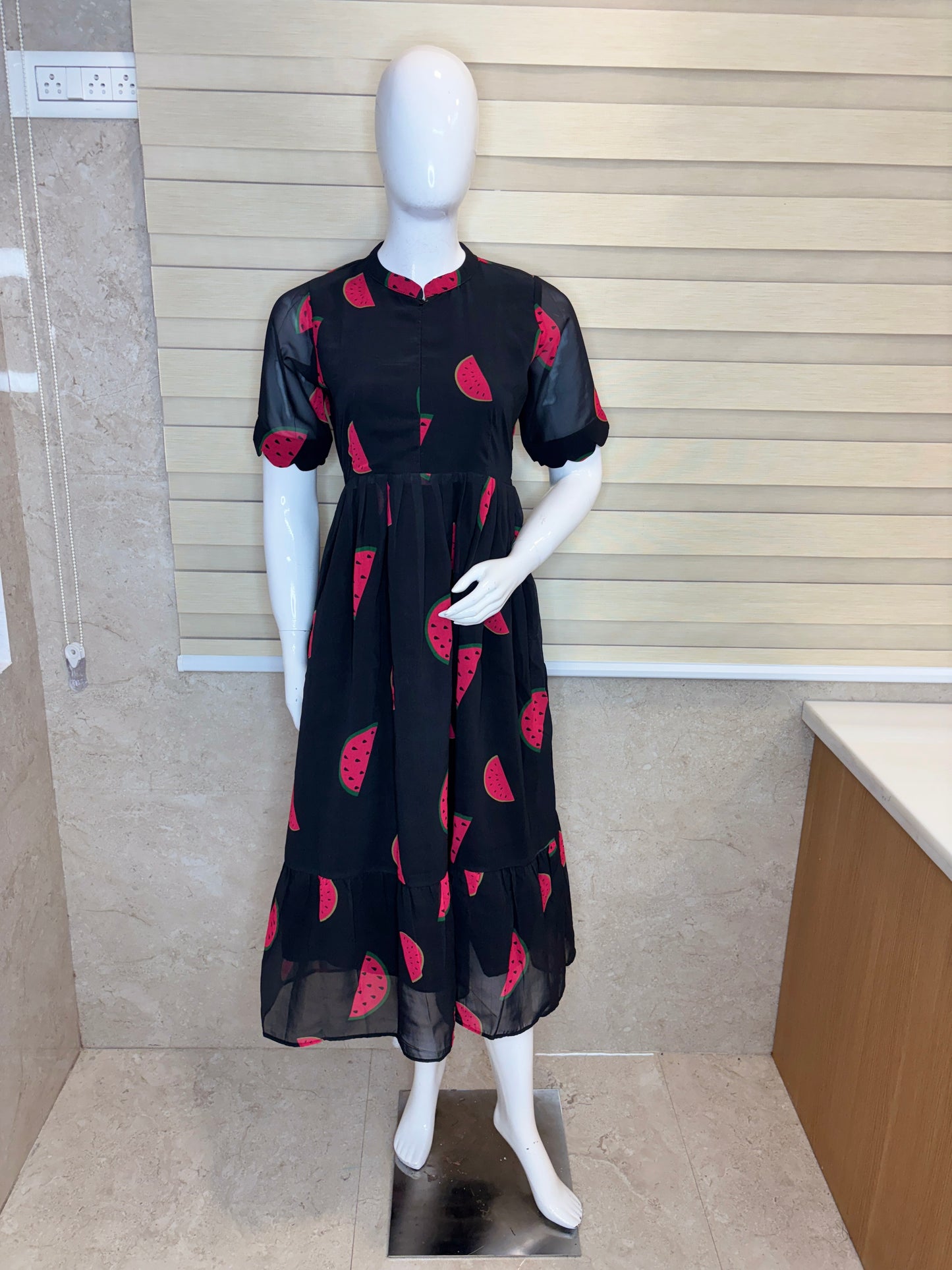 Black Watermelon Printed Georgette Center Zip Maxi