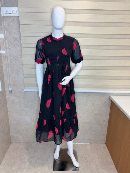 Black Watermelon Printed Georgette Center Zip Maxi