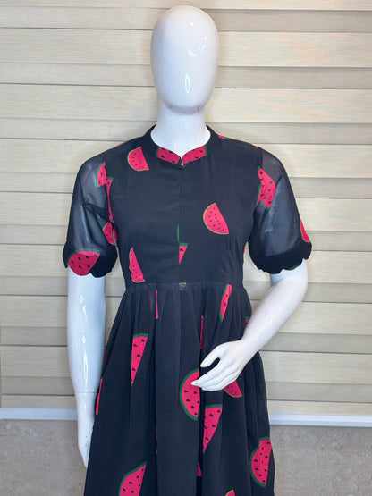 Black Watermelon Printed Georgette Center Zip Maxi